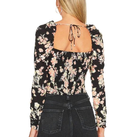 NWT $98 Free People Hilary Printed Top Size Small Black Combo Smocked Blouse S - Picture 4 of 16